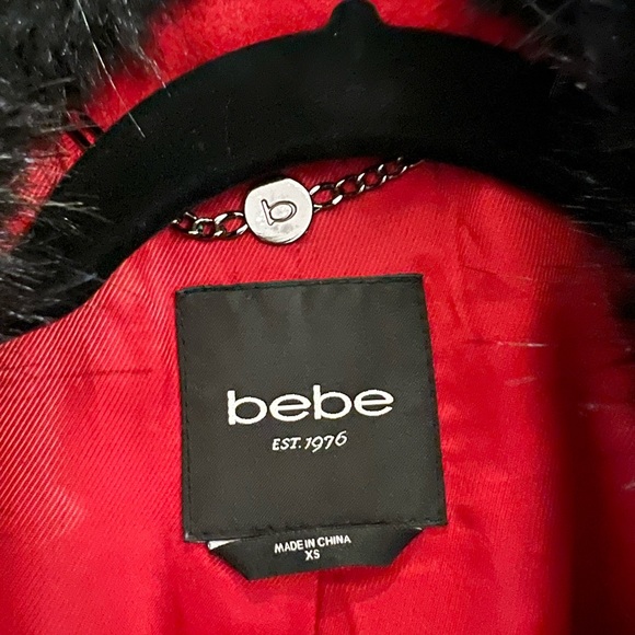 Bebe XS red knee length coat with black fur and leather trim detail - Picture 3 of 4
